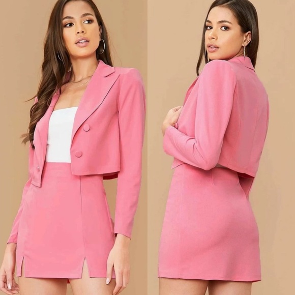 Dresses & Skirts - 2 piece set : cropped blazer & slit pencil mini skirt preppy y2k baby pink